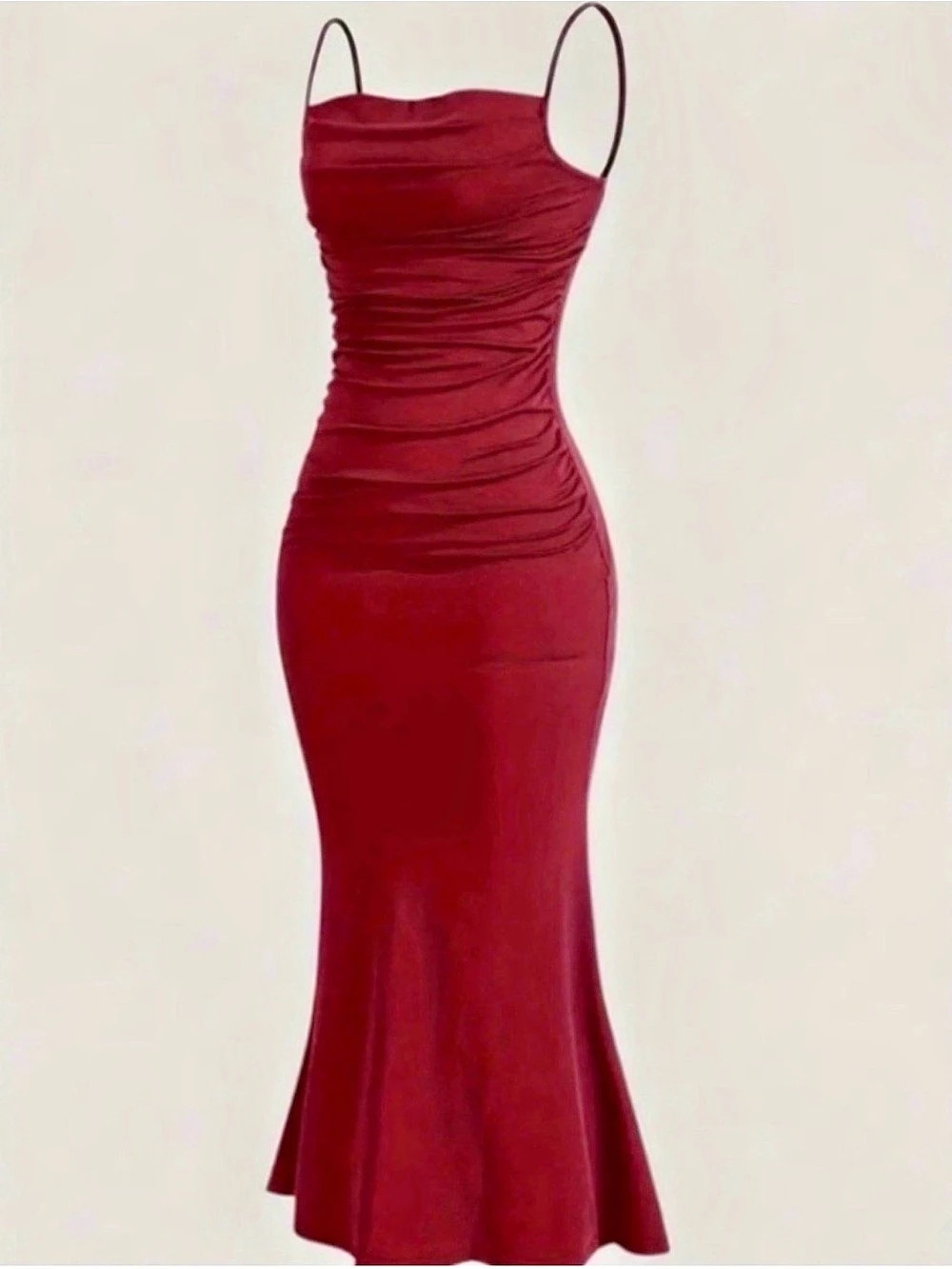 Cowl Neck Ruched Mermaid Hem Cami Dress Red